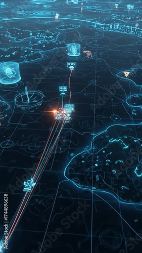 Futuristic digital map with glowing lines and data points.