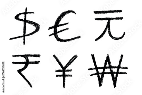 Hand drawn multiple currencies symbol set Dollar euro yuan yen won rupee