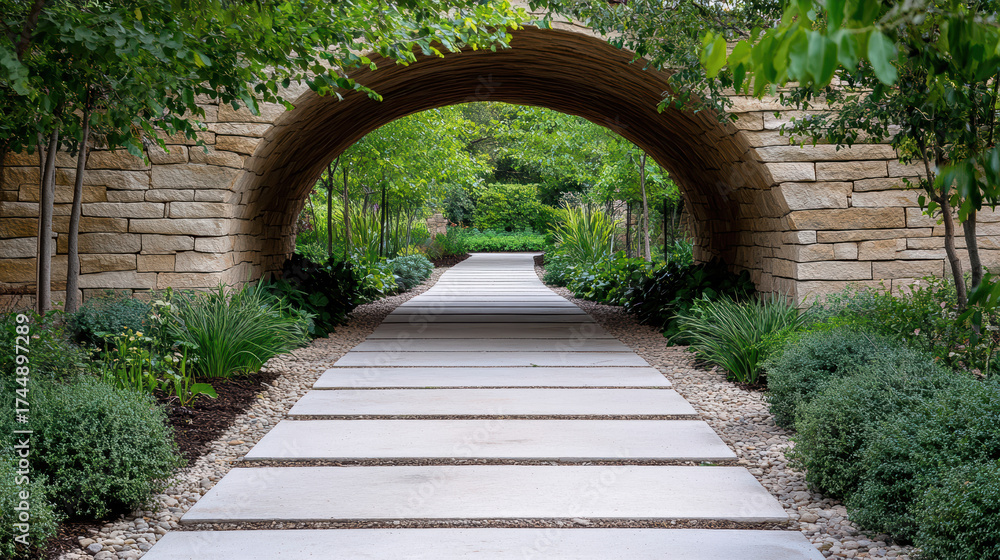 Obraz premium Serene stone archway leading to tranquil garden path surrounded by lush greenery
