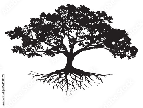 Lush Fig Tree With Visible Roots Solid Black Vector Illustration
