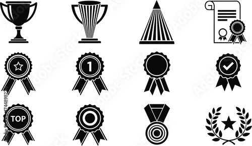 Vector set of awards trophy medal certificate and achievement icons