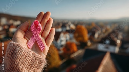 Young woman hand hold pink Ribbon and wear shirt for support people life and illness. National cancer survivors month, Mother and World cancer day concept,Pink October Breast Cancer Awareness month.