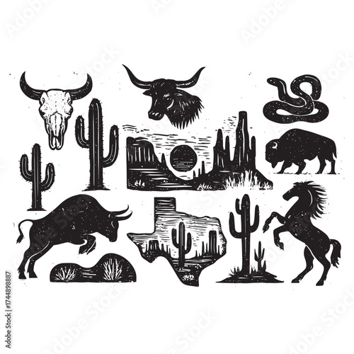 Linocut western boho set vector silhouette