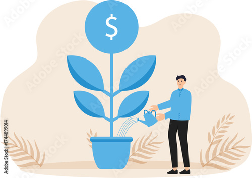 Financial or investment growth, increase earning profit,success in wealth management concept, businessman watering growing money plant seedling with coin flower

