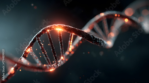 Close-up of a glowing DNA strand with illuminated particles, symbolizing genetics, biotechnology, molecular research, and futuristic genetic innovation.