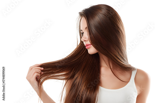 Young woman demonstrating lustrous hairstyle in a beauty care concept to show smooth hair with attractive girl with perfect skin and hair while representing healthy lifestyle
