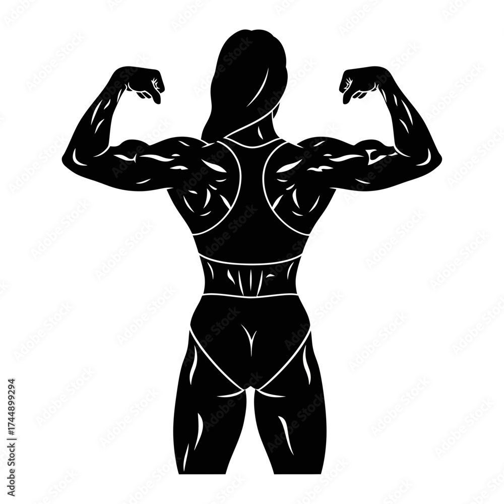 Fototapeta premium Powerful Female Bodybuilder in a Symmetrical Back Flex Pose