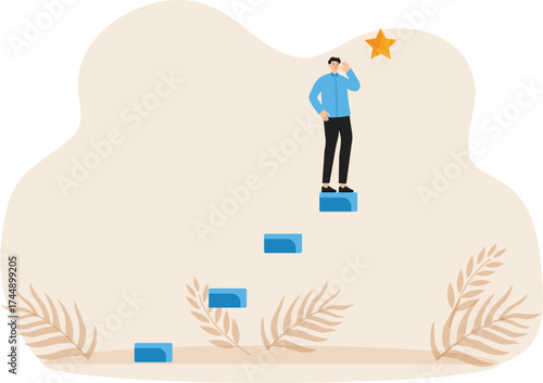Hope to succeed in business, reaching business goal, reward and motivation concept, businessman climb up stair to top reaching precious star reward.
