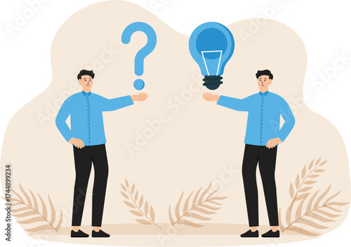 Question and answer and solving problem or business solution, ask for reply or idea,solve difficulty and trouble, businessman hand holding question mark with other reply with lightbulb
