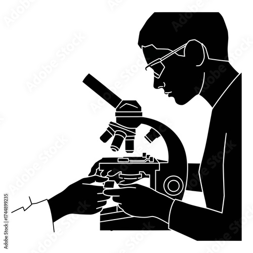 Silhouette of a Biologist Loading a Prepared Slide onto a Microscope Stage