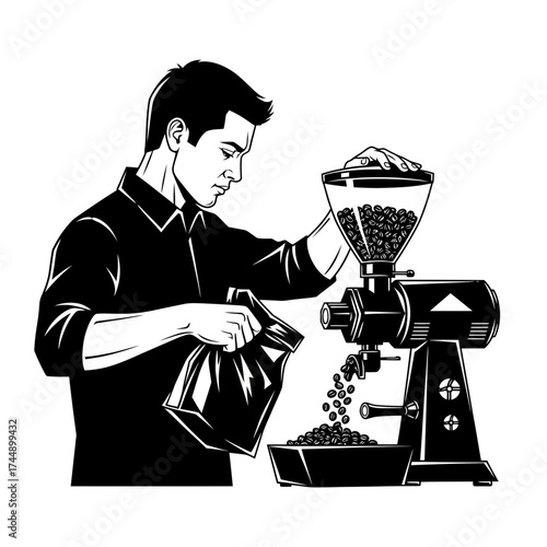 Geometric Silhouette of a Male Barista Grinding Fresh Coffee Beans
