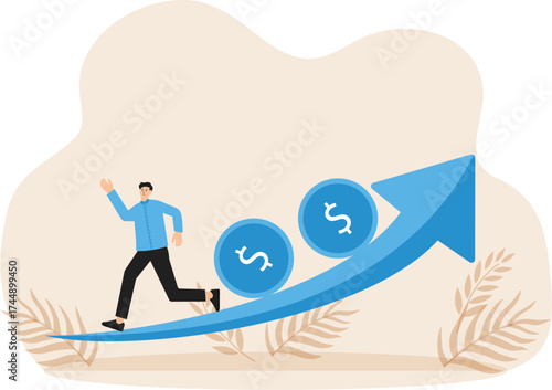 Investment profit and earning, stock market growth or fund flow, interest rate and inflation concept, businessman fund holding flag concept
