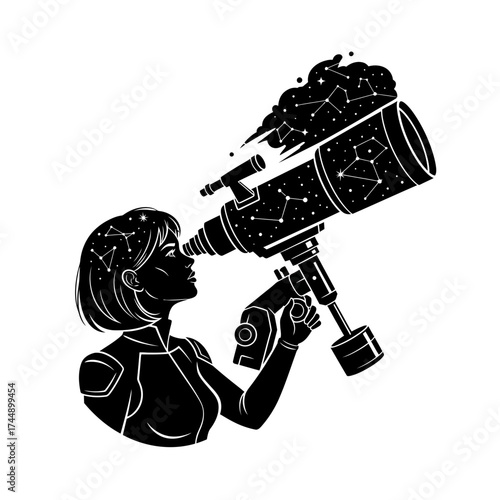 Futuristic Vector Silhouette of a Female Astrophysicist with a Telescope