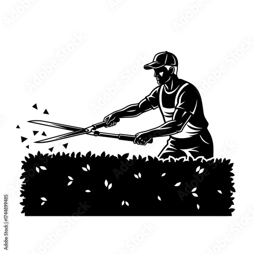 Energetic Vector Silhouette of a Male Landscaper Trimming a Hedge