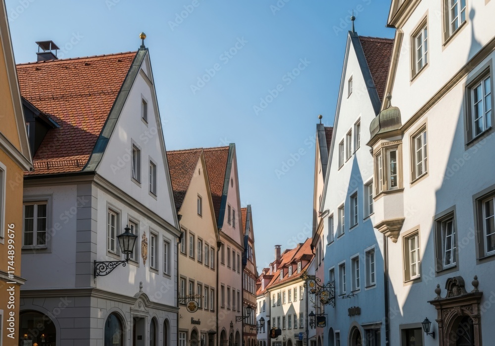 Obraz premium Charming european street with traditional architecture under a clear blue sky