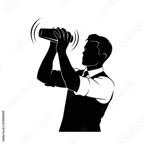 Vector Silhouette of a Bartender Shaking a Cocktail Shaker Intently