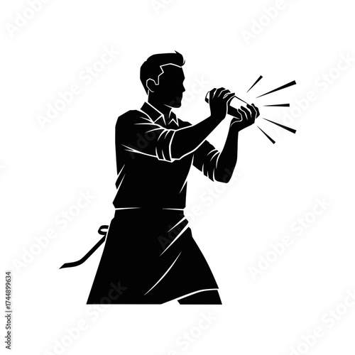 Vector Silhouette of a Bartender Shaking a Cocktail Shaker Intently