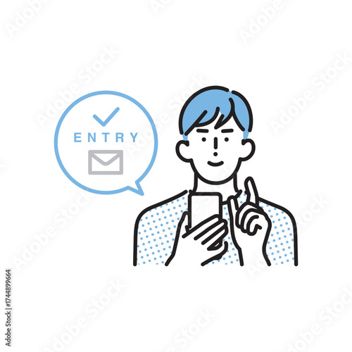 シンプル　イラスト　スマホで求人にエントリーする男性