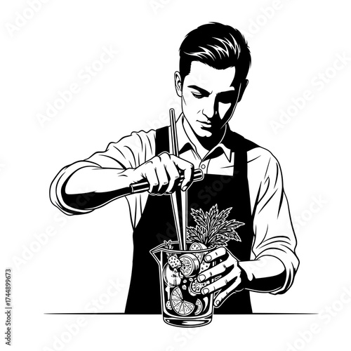 Vector Silhouette of a Bartender Muddling Herbs in a Mixing Glass