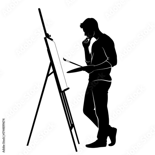 Artistic Fluid Vector Silhouette of a Male Painter at an Easel with a Brush