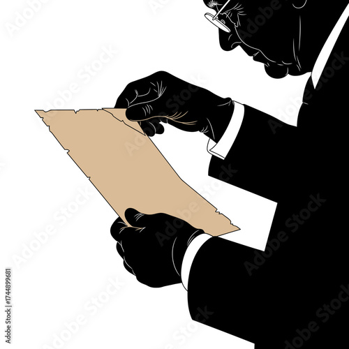 Silhouette of an Elderly Archivist Handling a Fragile Historical Document