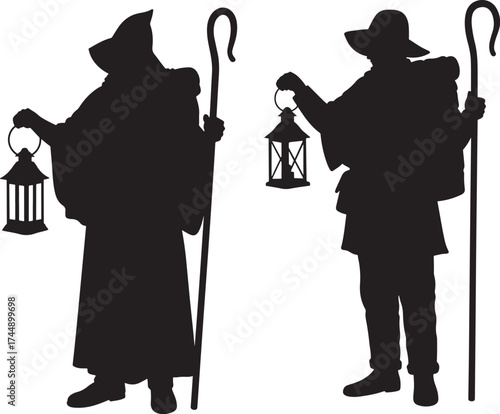 Two travelers with lanterns and staffs silhouette