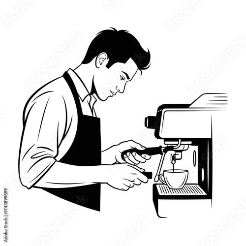 Abstract Line Art Silhouette of a Male Barista Pulling an Espresso Shot