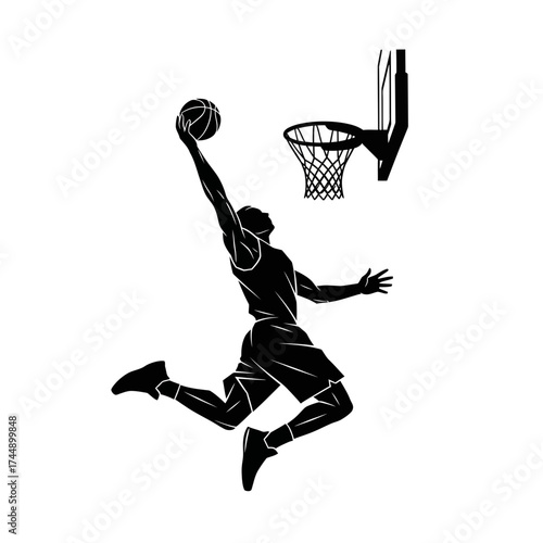 Silhouette of a Male Basketball Player Jumping for a Slam Dunk