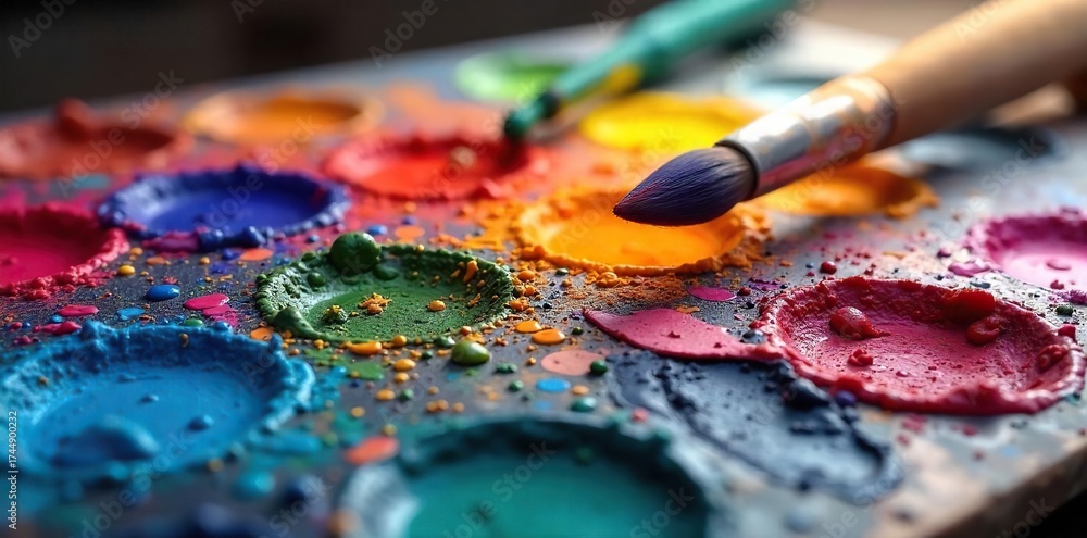 Fototapeta premium Vibrant Artists Palette Overflowing with Colorful Oil Paints, Ready for Creative Inspiration. Brushes Rest Gently Awaiting the Next Masterpiece.
