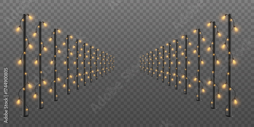 Bright spotlights, lamps. Poles decorated with light bulbs. Vector.