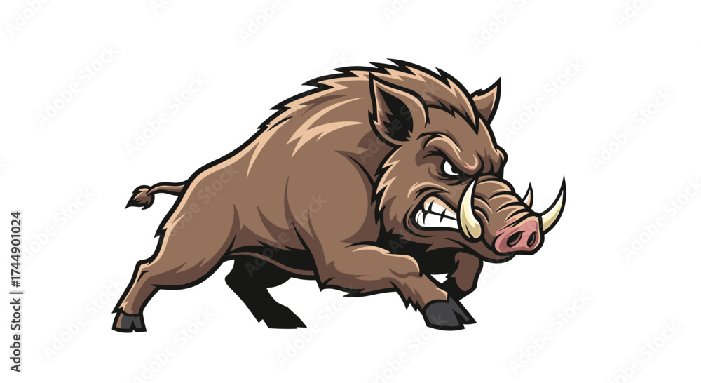 Fototapeta premium Angry wild boar charging forward with sharp tusks and menacing expression.