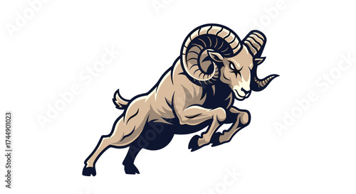 A majestic bighorn sheep with impressive curved horns leaping powerfully through the air.