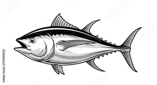 An illustration of a tuna fish swimming in the ocean with its mouth open.