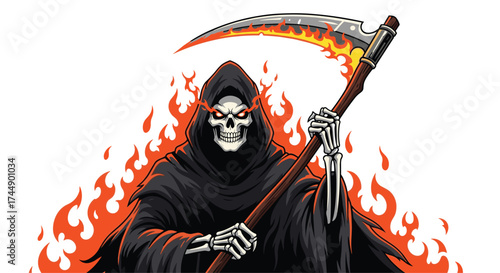 The grim reaper with a flaming scythe stands amidst a fiery inferno.