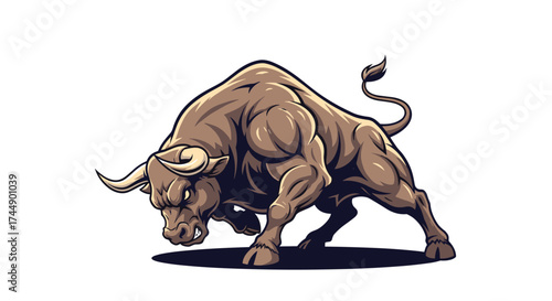 A powerful muscled bull charging forward with its head lowered and horns pointed aggressively.