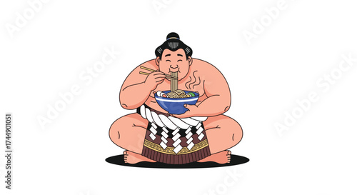 Sumo wrestler enjoying a hearty bowl of noodles while sitting cross-legged.