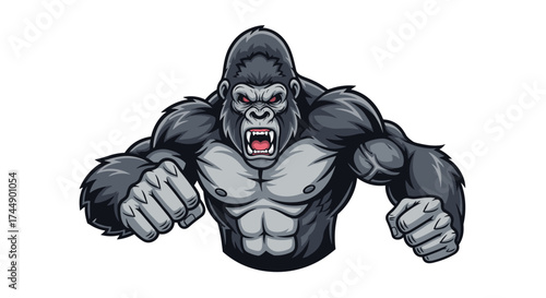 A powerful gorilla roars with intense anger and displays its immense muscular physique ready for a fight.