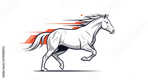 White horse running at full speed with abstract orange lines conveying motion.
