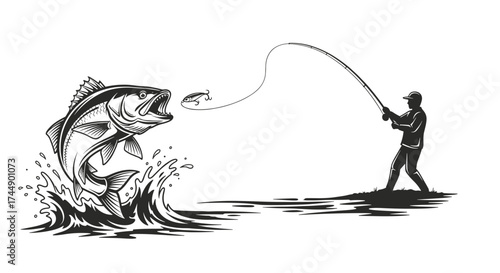 A fisherman bravely casts his line to catch a large leaping fish in the water.