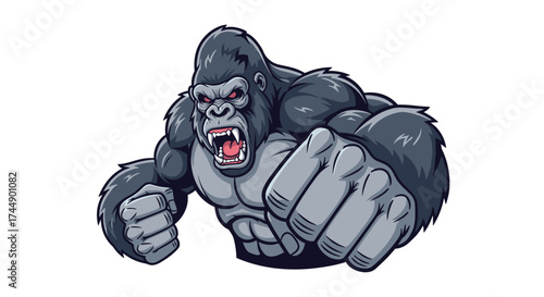A powerful ape lunges forward with a ferocious roar. Aggressive primate monster with clenched fists.