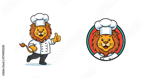 A cartoon chef lion giving a thumbs up and a circular logo of a chef lion.