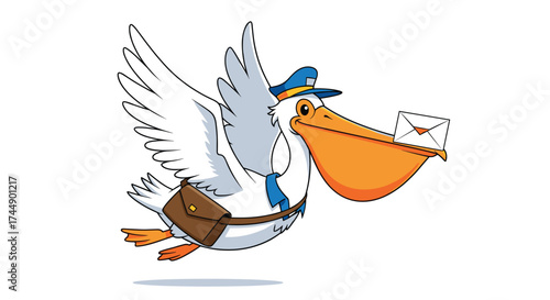 A happy pelican wearing a postal hat flies with a letter in its beak and a satchel on its side.