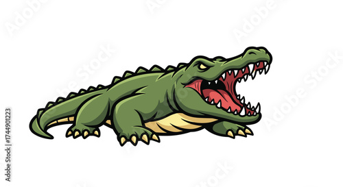 An illustration of a green alligator with its mouth wide open.