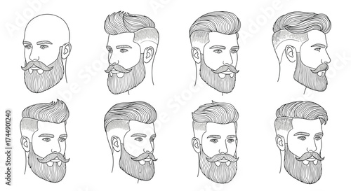 Diverse collection of illustrated male hairstyles and beard styles.