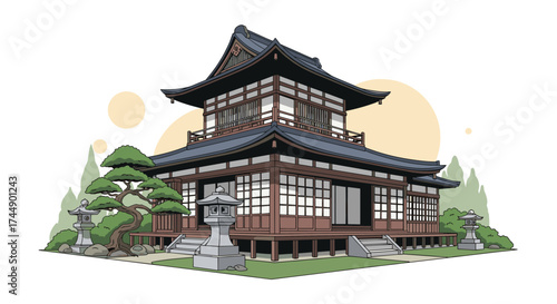 Traditional Japanese temple nestled amongst serene trees and soft sunlight.