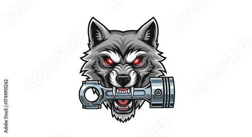 Aggressive wolf head with mechanical piston in its mouth ready to roar.