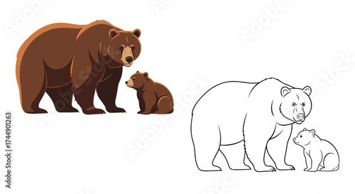 A mother bear and her cub standing side by side in a forest.