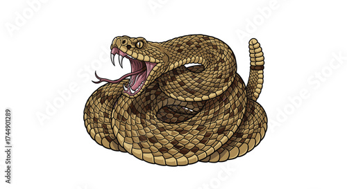 An illustration of a coiled diamondback rattlesnake with its mouth open and tongue flicking.