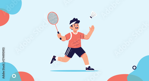 A young man plays badminton with a racket and shuttlecock.