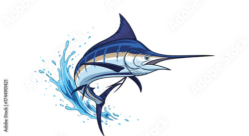 Majestic blue marlin leaping out of the ocean water with a splash.